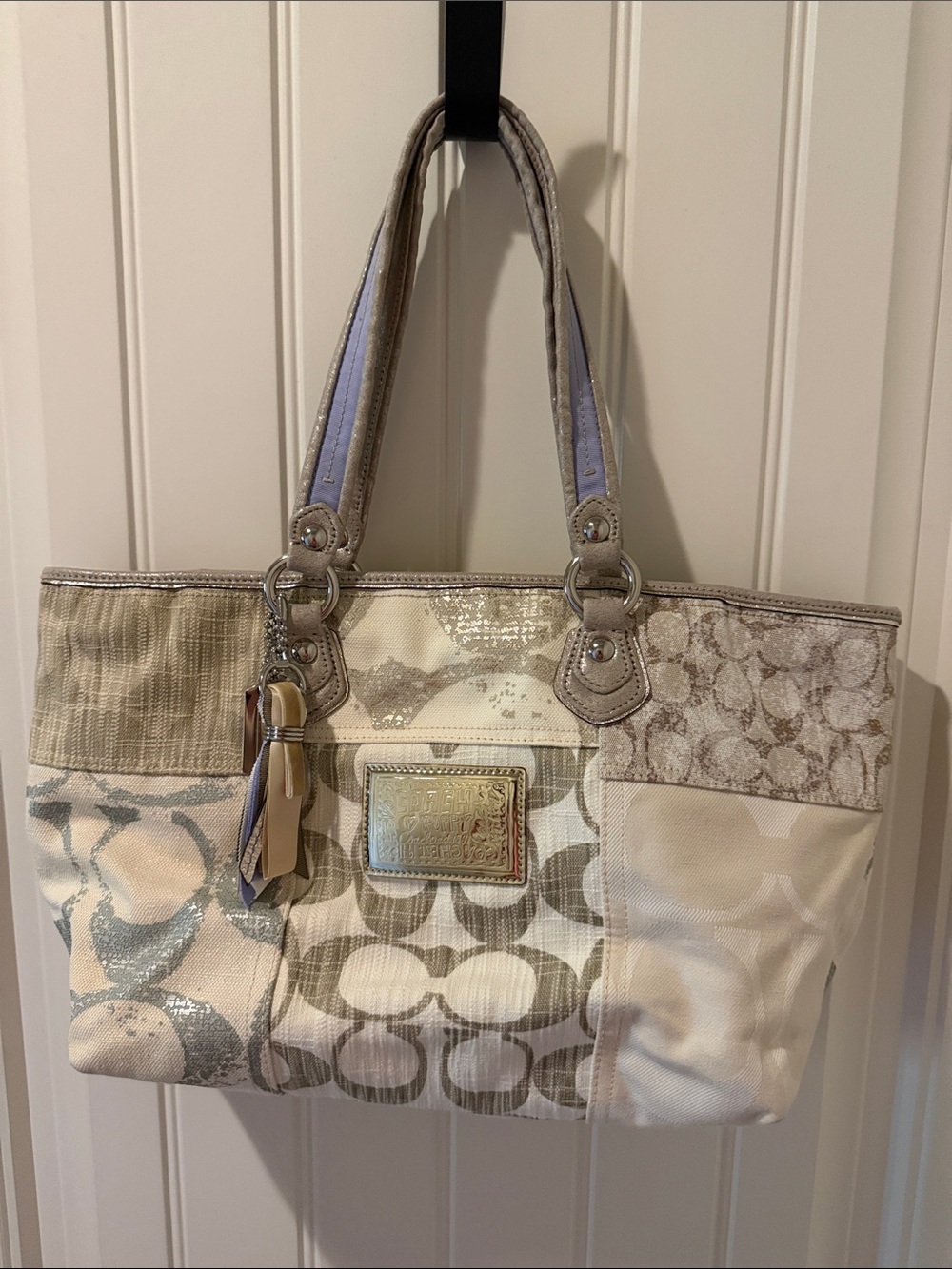 Coach Poppy  Signature Patchwork Shoulder Bag 
Silver , Gold & Lavender 16926